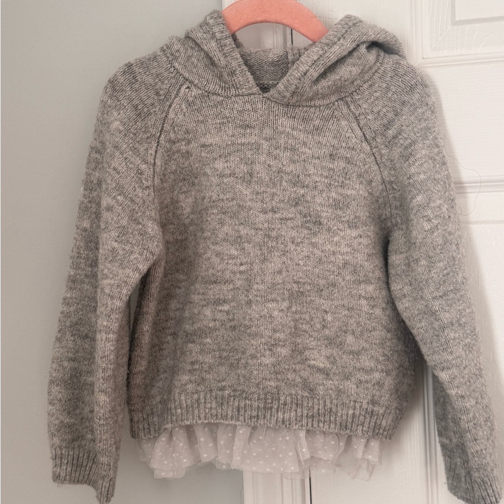 Zara Girls Gray Hooded sweater with white polka dot tulle fringe